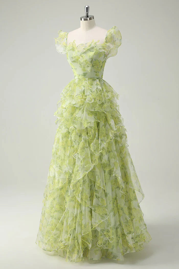 Princess-like Light Sage Green Square Neck Printed Chiffon A-Line Long Prom Dresses Birthday Evening Gowns ED02333