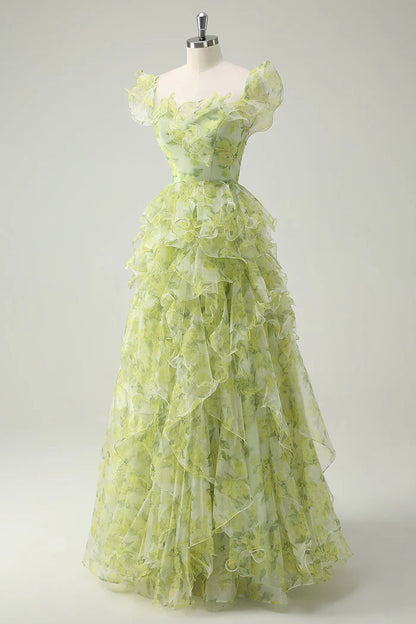 Princess-like Light Sage Green Square Neck Printed Chiffon A-Line Long Prom Dresses Birthday Evening Gowns ED02333