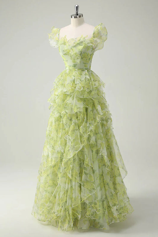 Princess-like Light Sage Green Square Neck Printed Chiffon A-Line Long Prom Dresses Birthday Evening Gowns ED02333