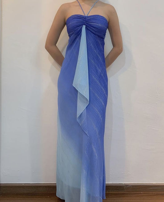 Vintage Gradient Blue Halter Neck Sheath Long Prom Dresses Elegant Party Dress ED02335