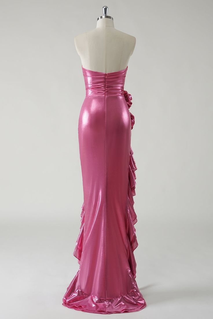 Fashion Hot Pink Strapless Satin Bodycon Ruffle Long Prom Dresses Formal Evening Gowns ED02337