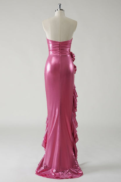 Fashion Hot Pink Strapless Satin Bodycon Ruffle Long Prom Dresses Formal Evening Gowns ED02337