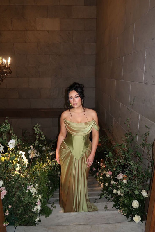Vintage Green Off Shoulder Chiffon Satin Corset Long Prom Dresses Elegant Formal Evening Gowns ED02338
