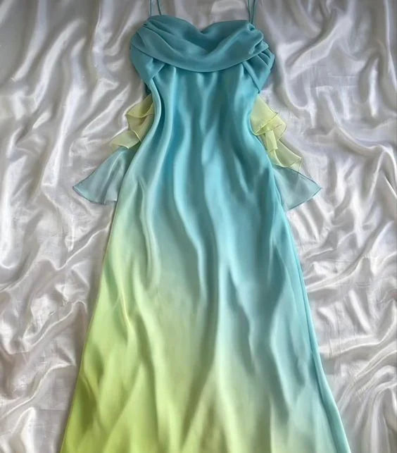 Gradient Pink  Sheath Spaghetti Straps Fairytale Chiffon Long Prom Dresses Vintage Party Dress ED02339