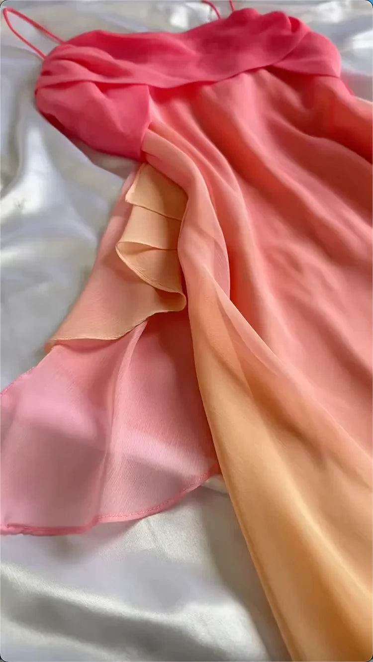 Gradient Pink  Sheath Spaghetti Straps Fairytale Chiffon Long Prom Dresses Vintage Party Dress ED02339