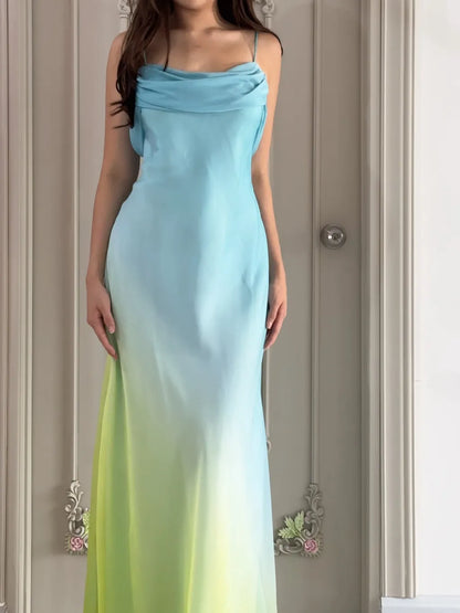 Gradient Pink  Sheath Spaghetti Straps Fairytale Chiffon Long Prom Dresses Vintage Party Dress ED02339