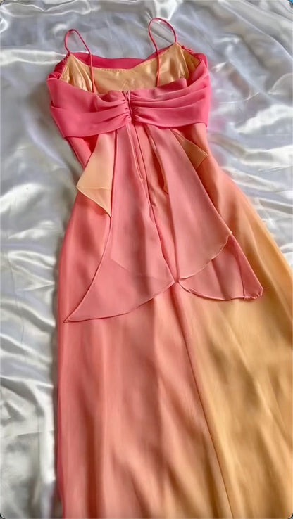 Gradient Pink  Sheath Spaghetti Straps Fairytale Chiffon Long Prom Dresses Vintage Party Dress ED02339