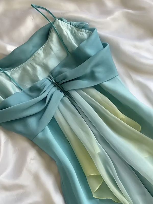 Gradient Pink  Sheath Spaghetti Straps Fairytale Chiffon Long Prom Dresses Vintage Party Dress ED02339