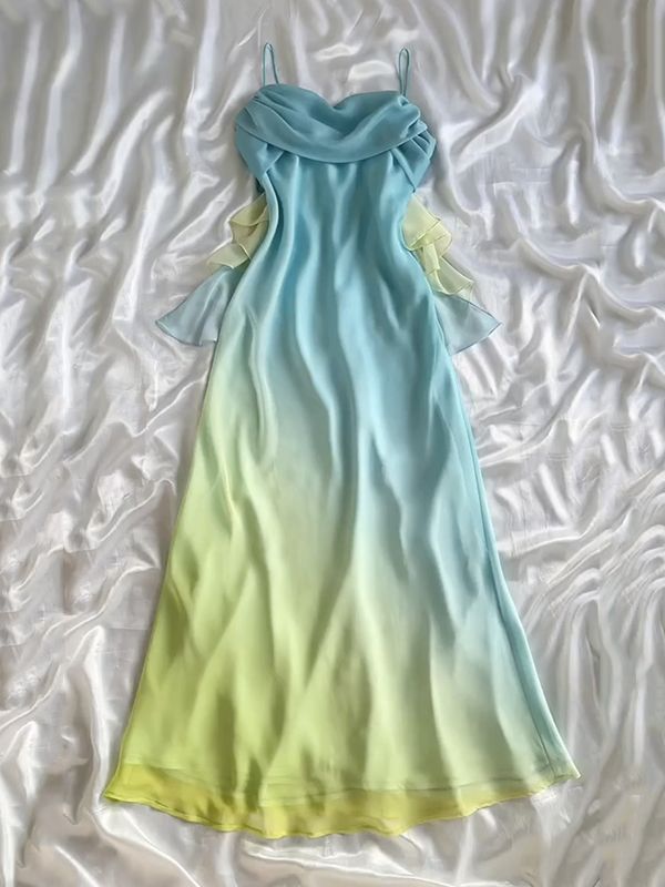 Gradient Pink  Sheath Spaghetti Straps Fairytale Chiffon Long Prom Dresses Vintage Party Dress ED02339