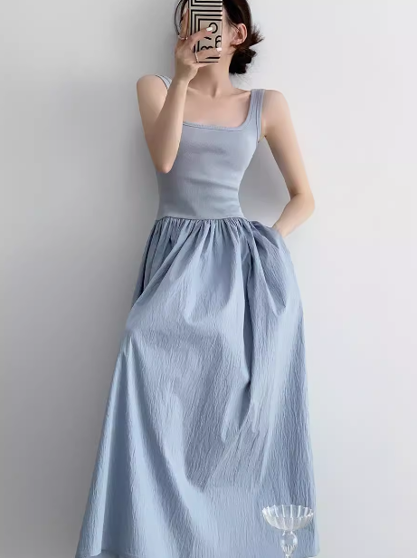 A-line knitted patchwork sleeveless suspender long dress ED0233