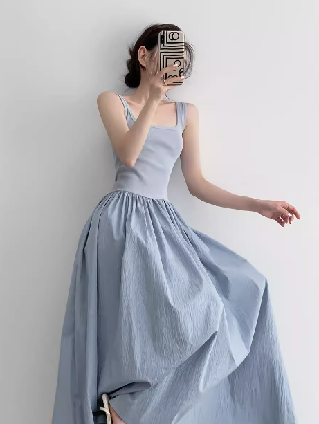 A-line knitted patchwork sleeveless suspender long dress ED0233