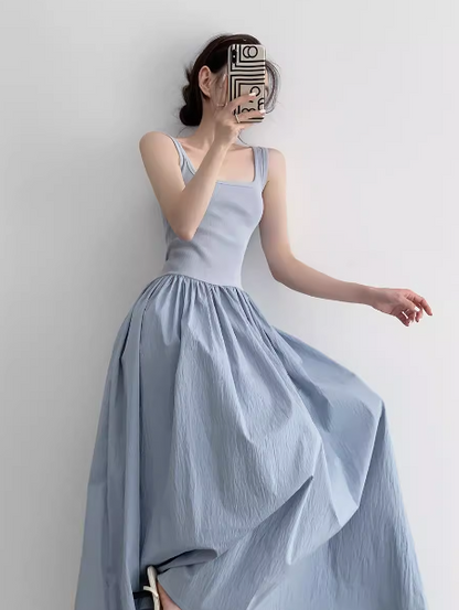 A-line knitted patchwork sleeveless suspender long dress ED0233