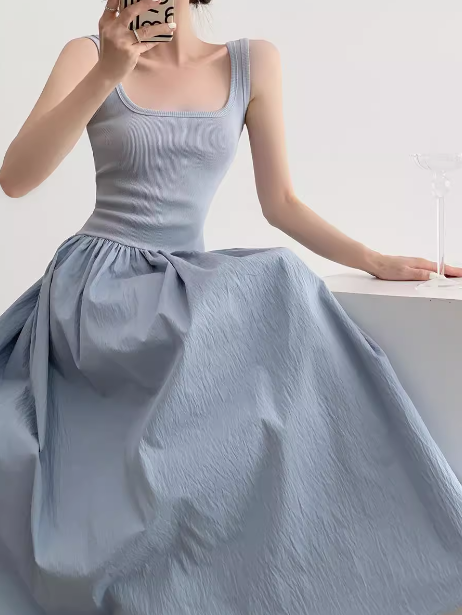 A-line knitted patchwork sleeveless suspender long dress ED0233