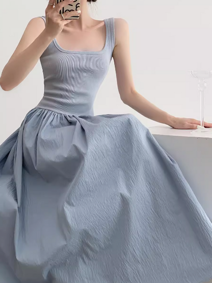 A-line knitted patchwork sleeveless suspender long dress ED0233