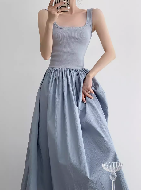A-line knitted patchwork sleeveless suspender long dress ED0233