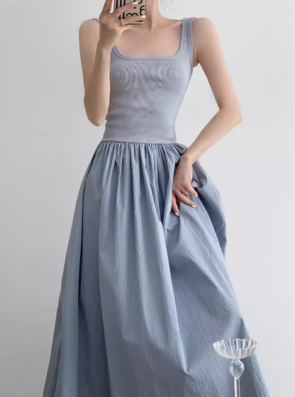 A-line knitted patchwork sleeveless suspender long dress ED0233