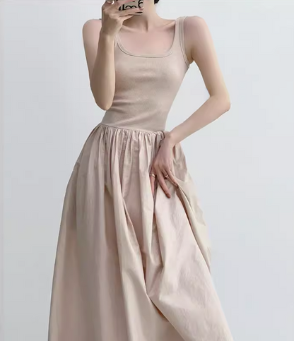 A-line knitted patchwork sleeveless suspender long dress ED0233