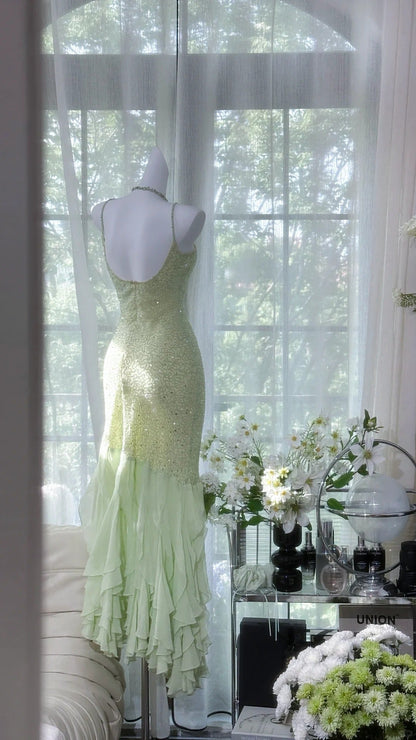 Gorgeous Light Sage Green Spaghetti Straps Chiffon Mermaid Sequins Long Prom Dresses Vintage Open Back Evening Gowns ED02340
