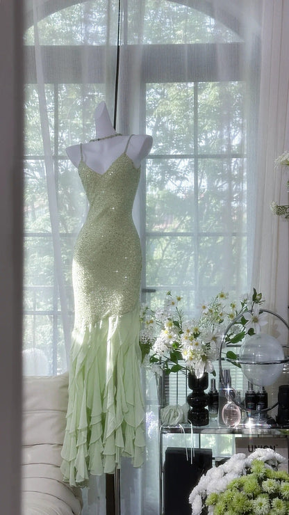 Gorgeous Light Sage Green Spaghetti Straps Chiffon Mermaid Sequins Long Prom Dresses Vintage Open Back Evening Gowns ED02340
