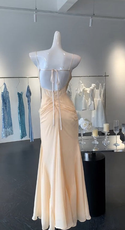 Simple Light Champagne Sweetheart Neck Chiffon Open Back Sheath Long Prom Dresses Formal Evening Gowns ED02343