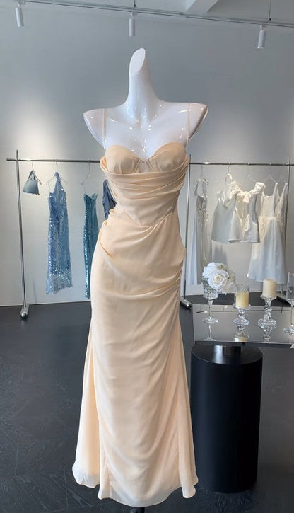 Simple Light Champagne Sweetheart Neck Chiffon Open Back Sheath Long Prom Dresses Formal Evening Gowns ED02343