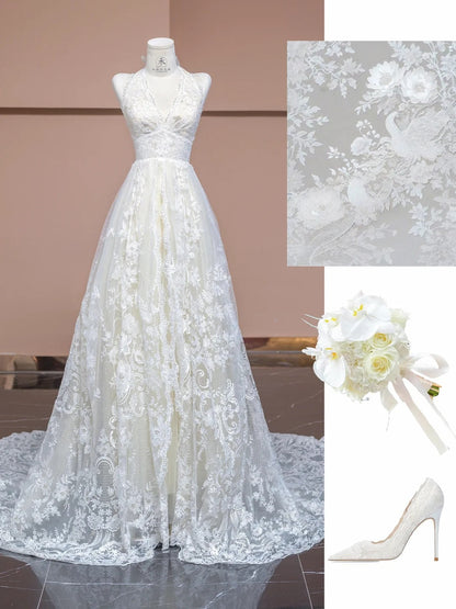 Elegant White V-neck Lace Applique A-Line Wedding Dress with Train ED02345