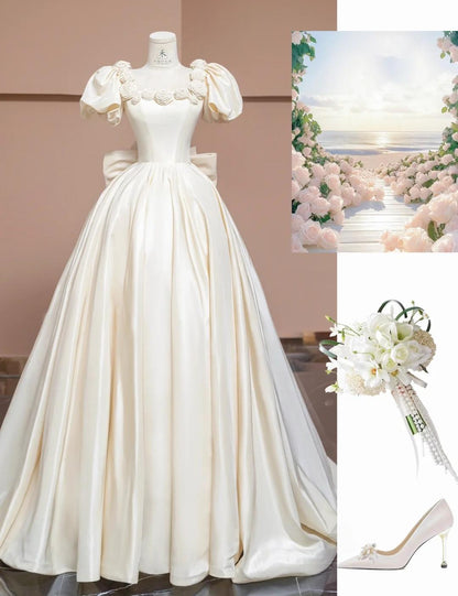 Charming Off-White A-Line Satin Square Neck Wedding Dress with 3D Flowers ED02348