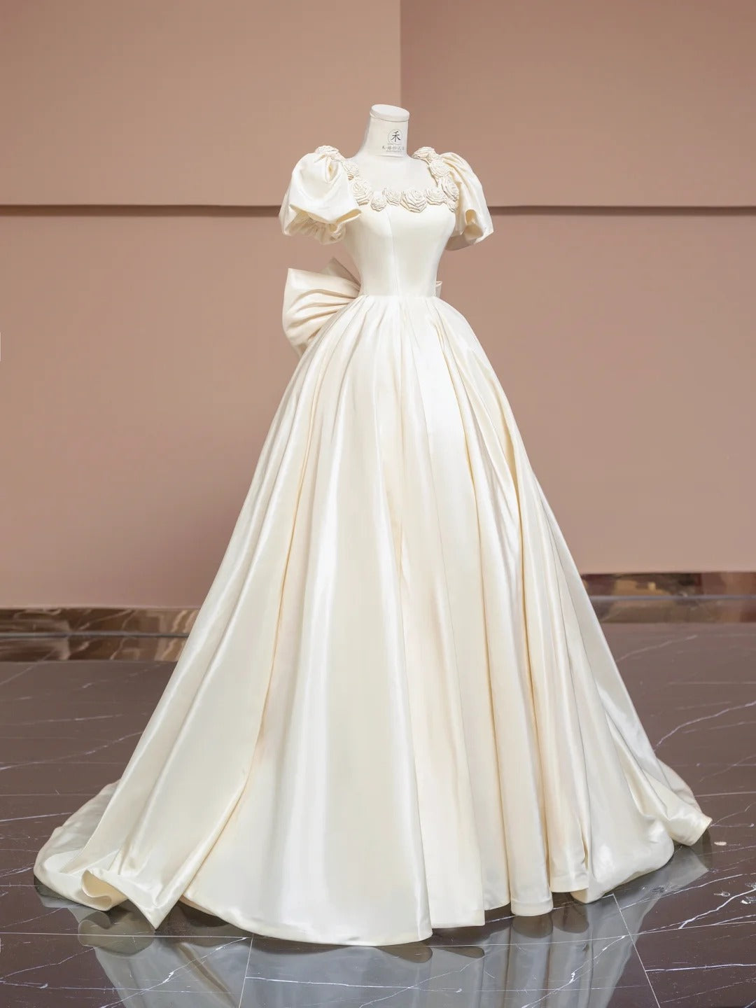 Charming Off-White A-Line Satin Square Neck Wedding Dress with 3D Flowers ED02348