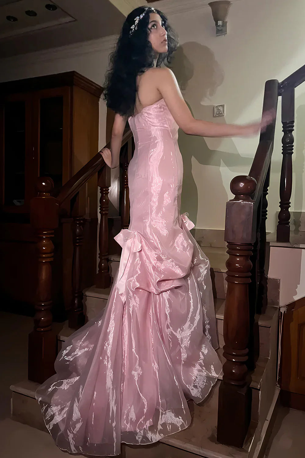 Elegant Strapless Pink Tulle Mermaid Long Prom DressesFormal Evening Gowns ED02349