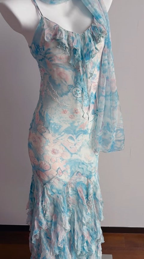 Stunning Blue Printed Chiffon Spaghetti Straps Beaded Sheath Prom Dresses for Party ED02350