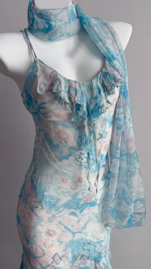 Stunning Blue Printed Chiffon Spaghetti Straps Beaded Sheath Prom Dresses for Party ED02350