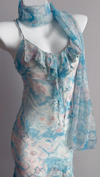 Stunning Blue Printed Chiffon Spaghetti Straps Beaded Sheath Prom Dresses for Party ED02350