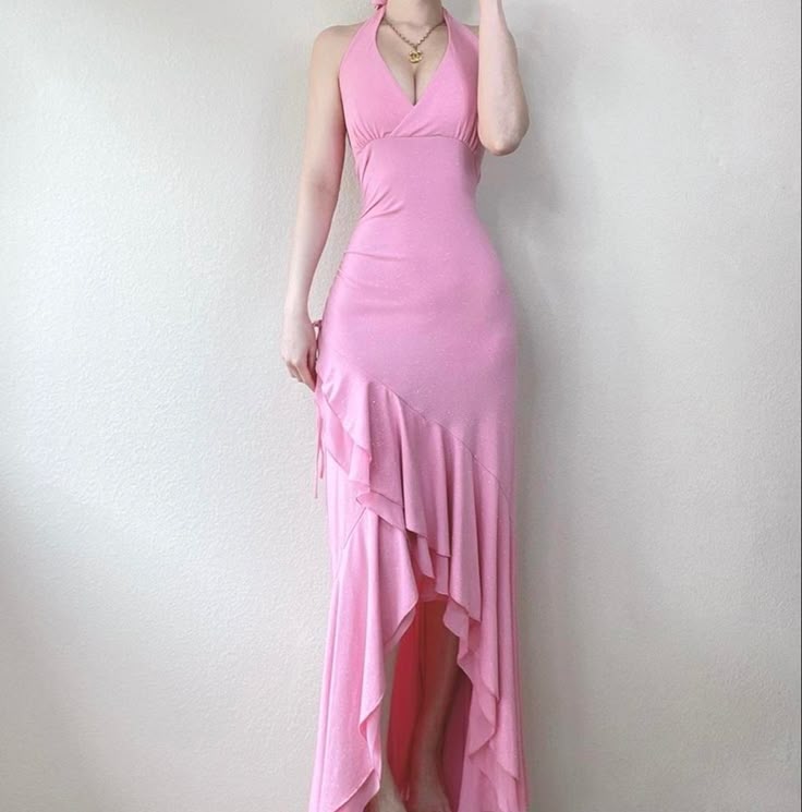 Pretty Pink Halter Neck Ruffle Sheath Party Dresses with Slits ED02351