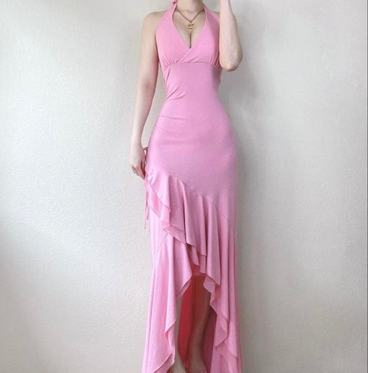 Pretty Pink Halter Neck Ruffle Sheath Party Dresses with Slits ED02351