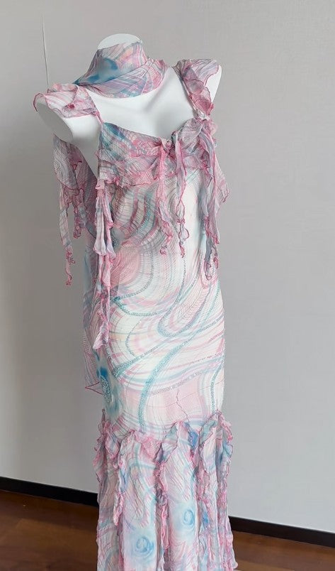 Vintage Multicolor Chiffon Spaghetti Straps Ruffled Sheath Backless Party Dresses ED02352