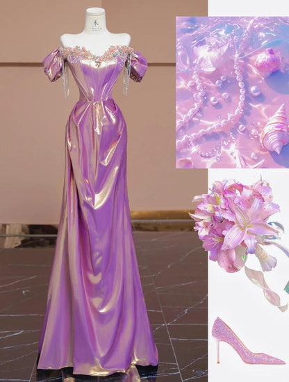 Gorgeous Purple Off Shoulder Satin Beaded A-line Long Prom Dresses Stylish Formal Evening Gowns ED02356