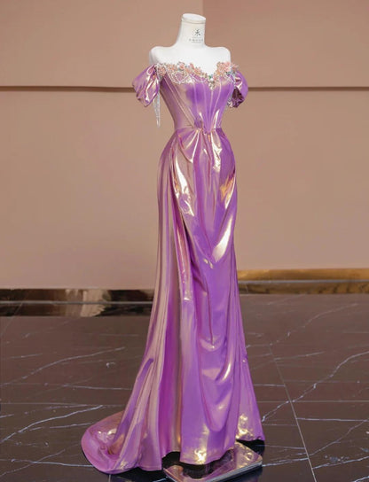 Gorgeous Purple Off Shoulder Satin Beaded A-line Long Prom Dresses Stylish Formal Evening Gowns ED02356