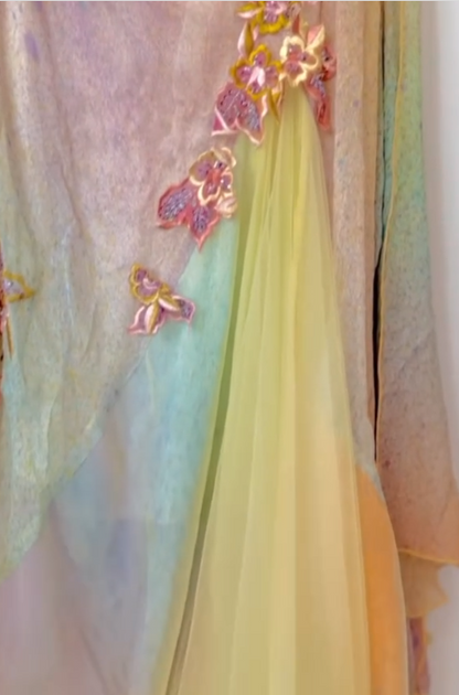 Glam Yellow Pink Spaghetti Straps Chiffon Embroidered Appliques Mermaid Prom Dresses Formal Evening Gowns ED02357