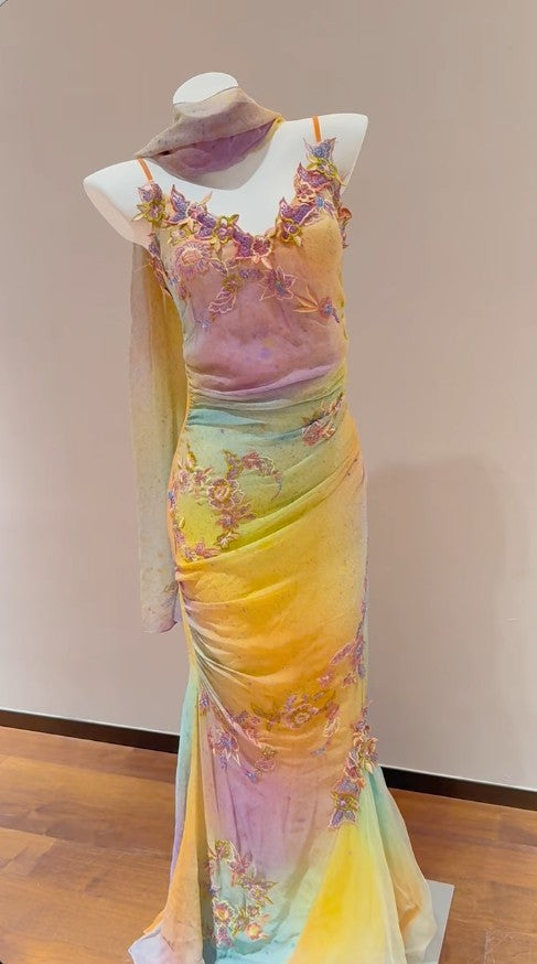 Glam Yellow Pink Spaghetti Straps Chiffon Embroidered Appliques Mermaid Prom Dresses Formal Evening Gowns ED02357