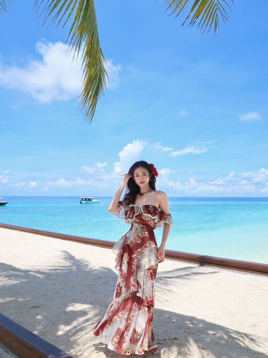 Fashion Red Off Shoulder Printed Chiffon A-line Party Dresses Daily Evening Gowns ED02358