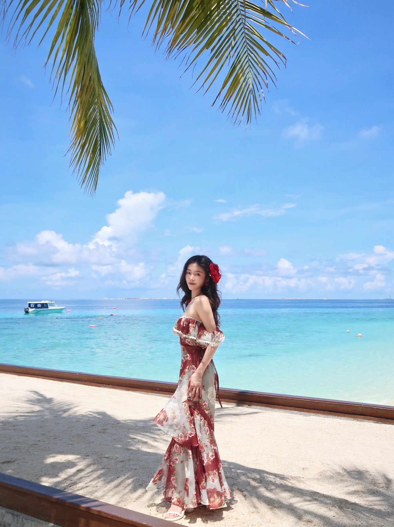 Fashion Red Off Shoulder Printed Chiffon A-line Party Dresses Daily Evening Gowns ED02358