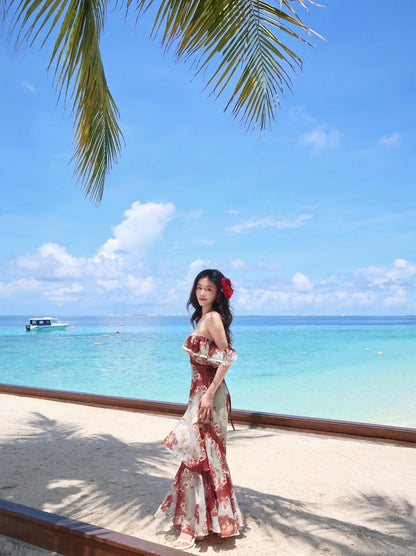 Fashion Red Off Shoulder Printed Chiffon A-line Party Dresses Daily Evening Gowns ED02358