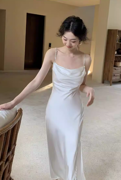 Acetate Satin Diamond Chain Side Slits Backless Suspender Dress ED0235