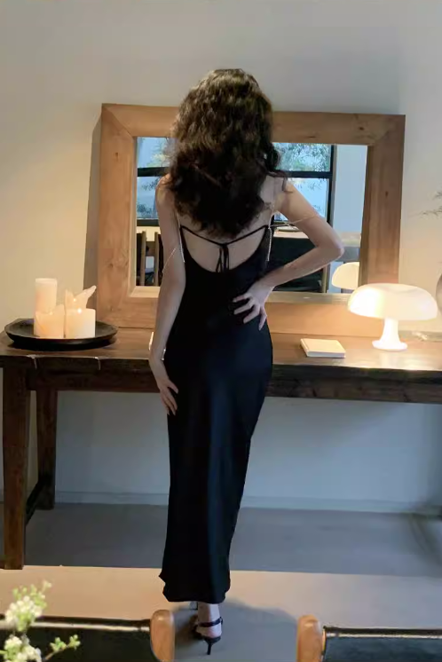 Acetate Satin Diamond Chain Side Slits Backless Suspender Dress ED0235