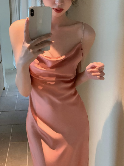 Acetate Satin Diamond Chain Side Slits Backless Suspender Dress ED0235