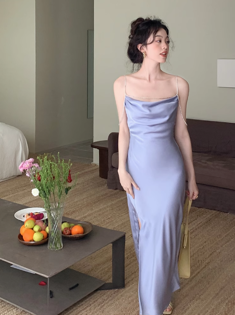 Acetate Satin Diamond Chain Side Slits Backless Suspender Dress ED0235