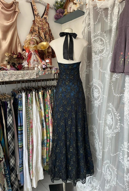 Elegant Blue Satin Black Lace Appliques V-Neck Backless A-Line Party Dress Vintage Formal Evening Gowns ED02362