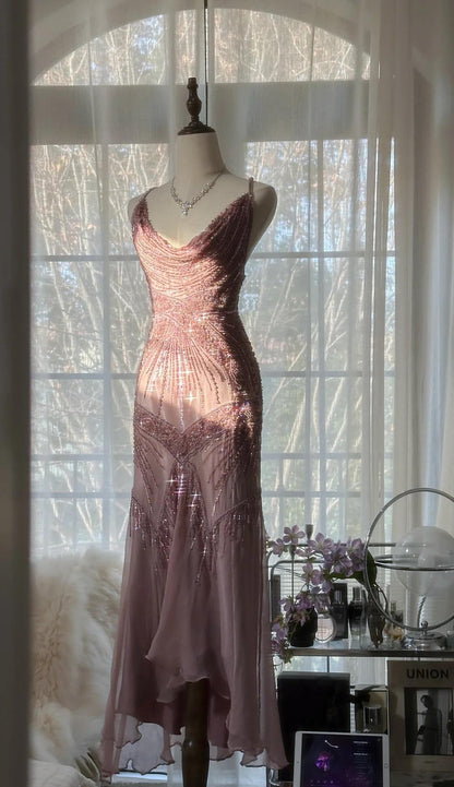 Retro Dusty Pink Spaghetti Straps Mermaid Chiffon Beading Prom Dresses Elegant Party Dress ED02363