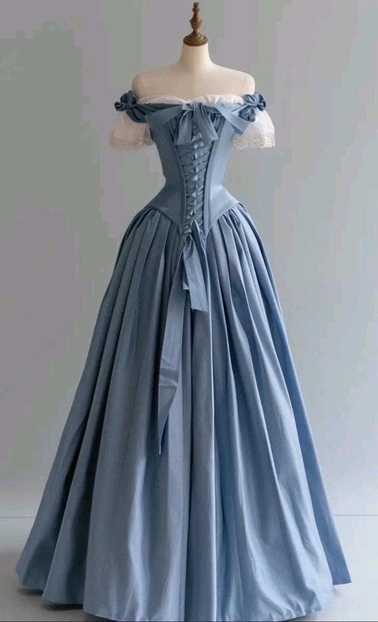 Vintage Blue Palace Style Satin A-Line Long Prom Dresses Formal Off-the-shoulder Evening Gowns  ED02365