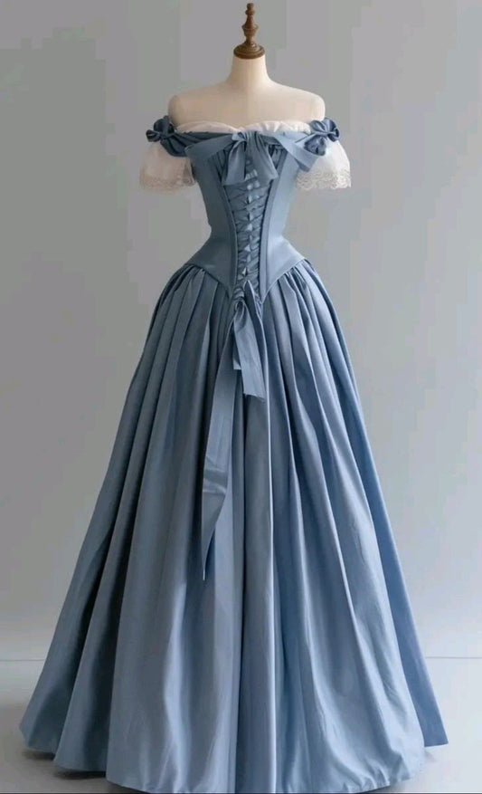 Vintage Blue Palace Style Satin A-Line Long Prom Dresses Formal Off-the-shoulder Evening Gowns  ED02365